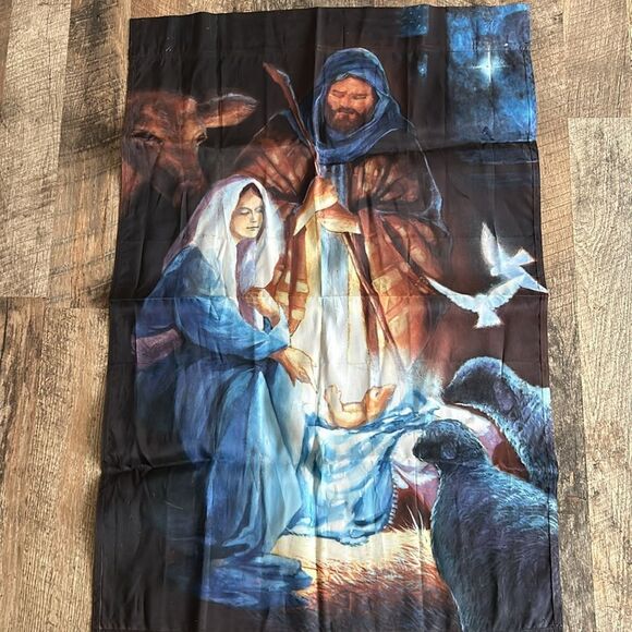 Set of 2 Decorative Christmas Flags Santa Manger Rustic Holiday Trees Peace - Picture 2 of 8